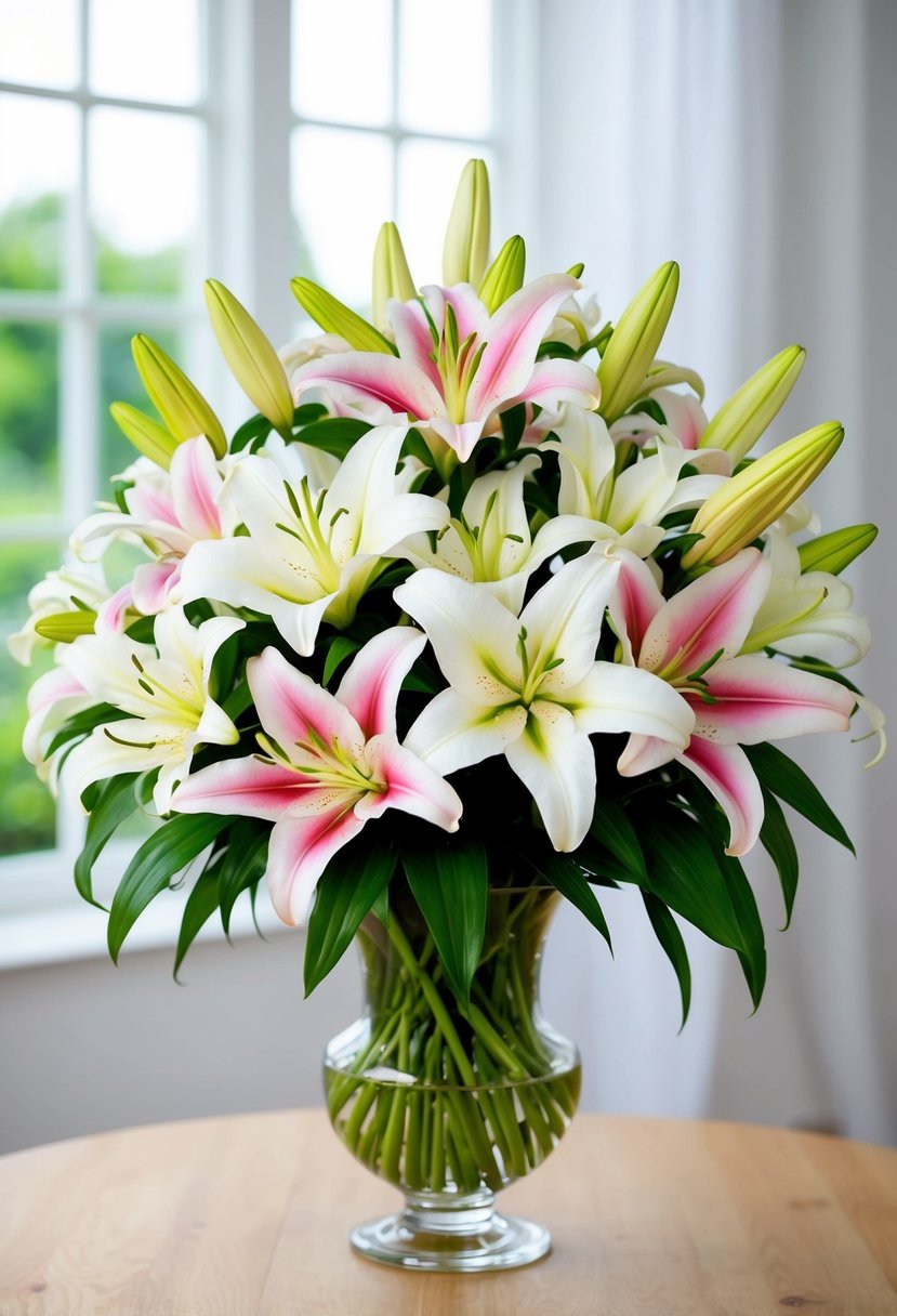 A lush bouquet of white and pink Asiatic lilies arranged in a glass vase