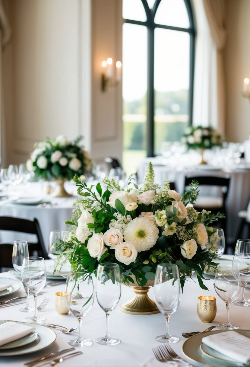 Lush floral centerpieces adorn elegant wedding tables, adding a touch of romance and sophistication to the decor