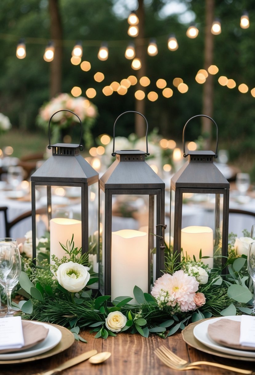 A collection of rustic lanterns arranged among greenery and flowers as part of a wedding table decoration