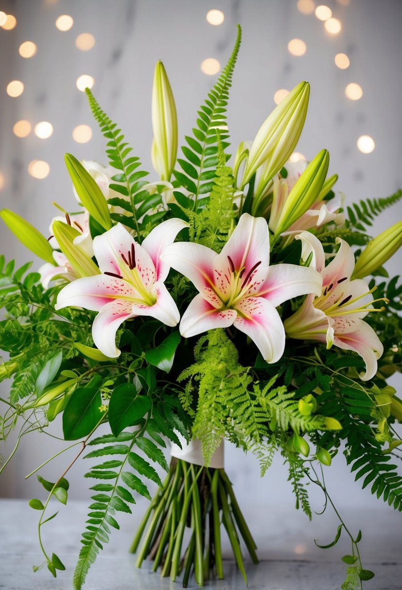 A vibrant bouquet of lilies and ferns intertwined with delicate greenery