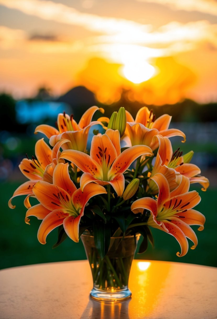 Sunset radiance illuminates a bouquet of vibrant orange lilies, casting a warm glow over the delicate petals