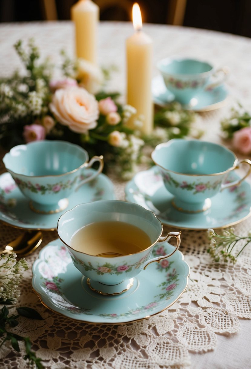 Vintage tea cups arranged on lace tablecloth, surrounded by delicate flowers and candles