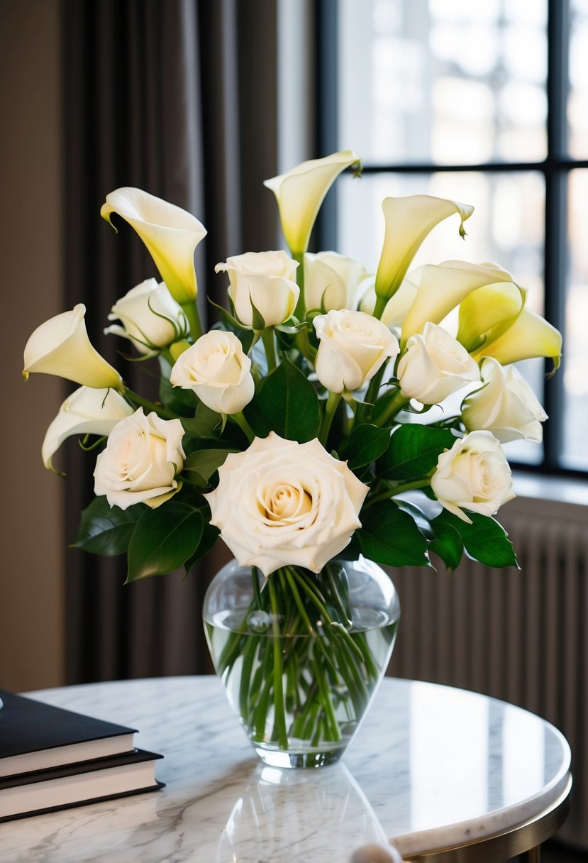 A bouquet of white roses and calla lilies arranged in a glass vase on a marble table