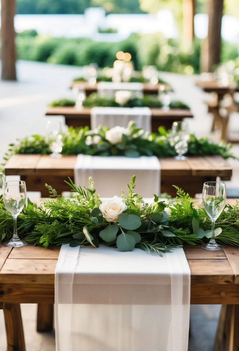 Lush greenery table runners adorn rustic wooden tables at an outdoor wedding reception