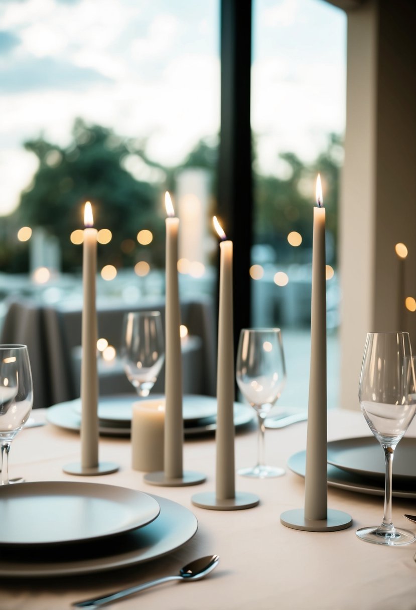 A simple, modern table setting with sleek, minimalist candle holders as part of a wedding decoration