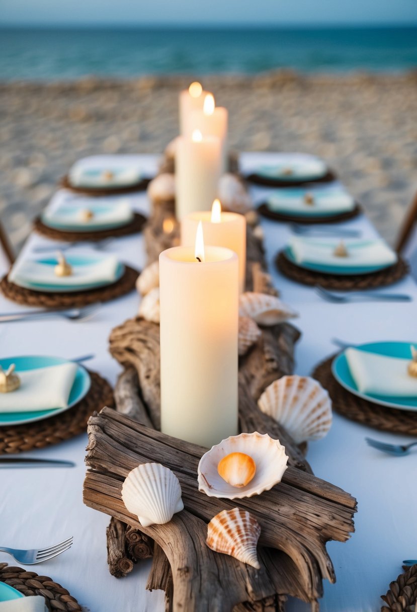 Driftwood centerpiece adorned with seashells and candles on a beach-themed wedding table