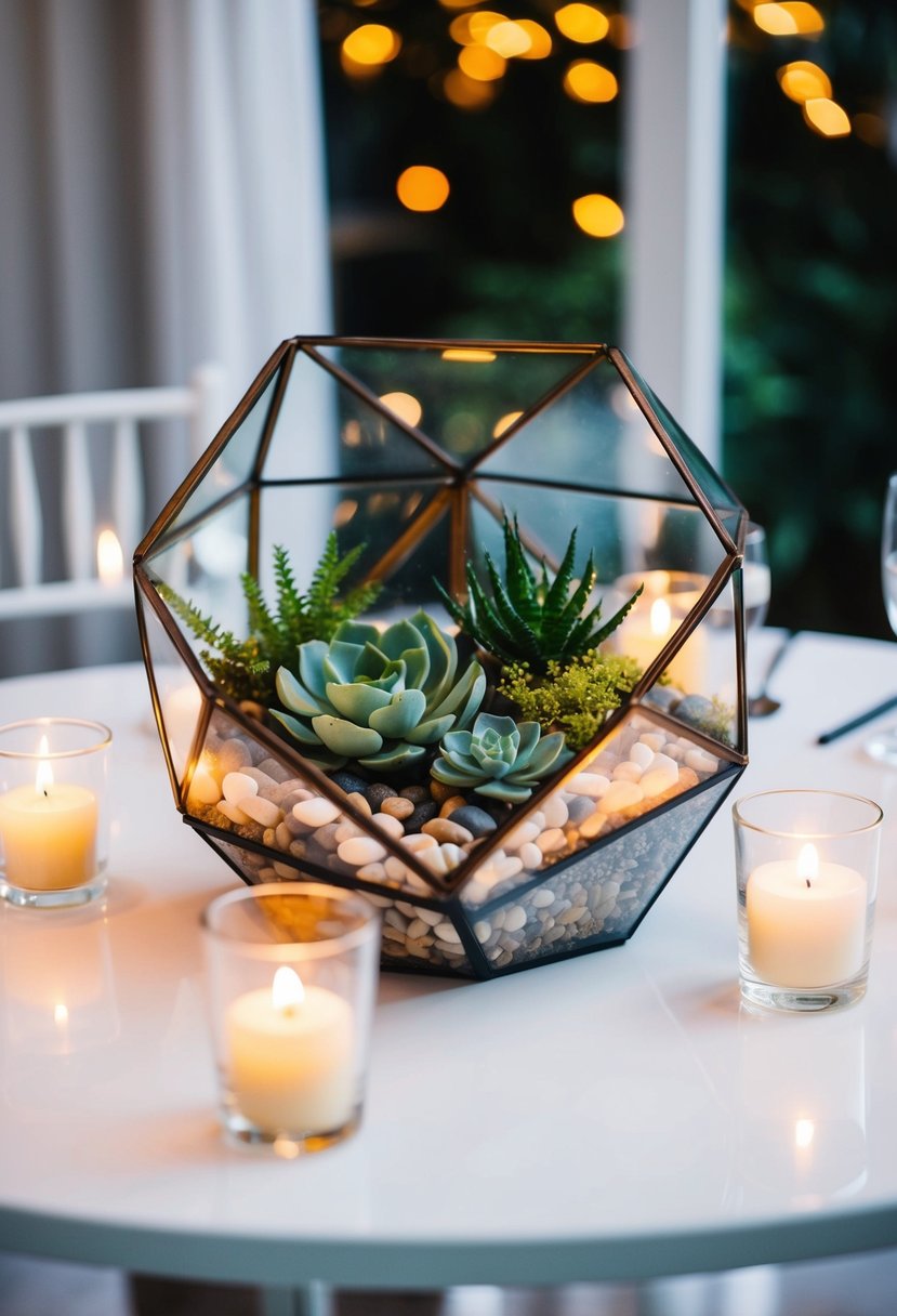 A glass terrarium filled with geometric shapes, succulents, and small stones sits atop a white wedding table, surrounded by soft candlelight