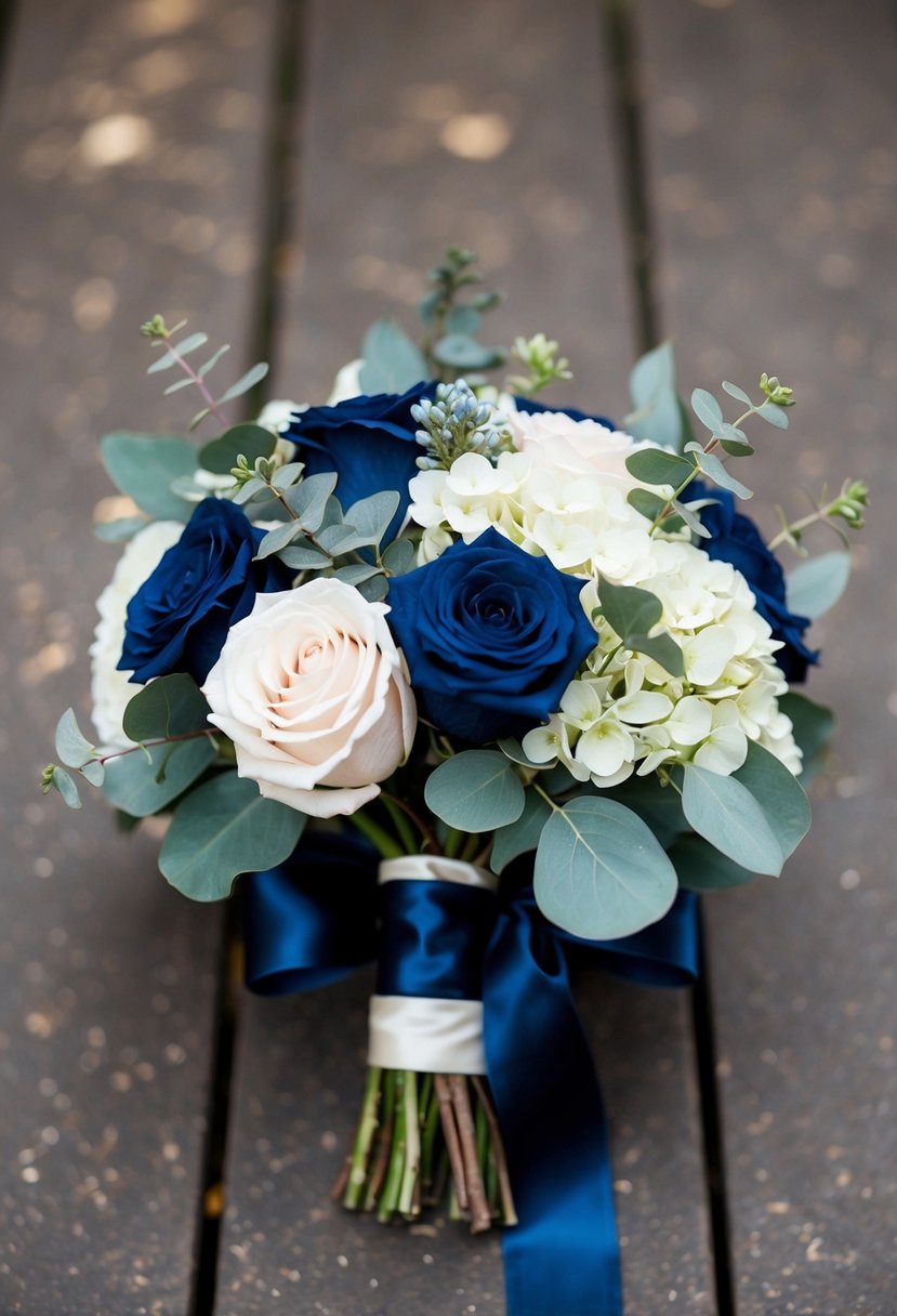 A navy blue wedding bouquet with roses, hydrangeas, and eucalyptus, tied with a satin ribbon