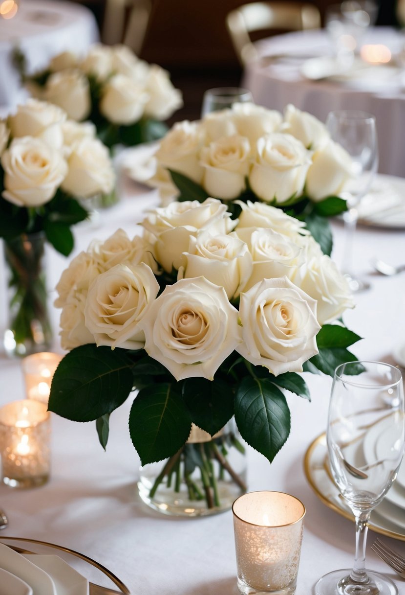 A table adorned with classic white rose bouquets for a wedding centerpiece