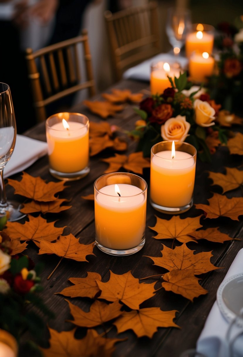 Autumn leaves scattered among candles and flowers on a wedding reception table