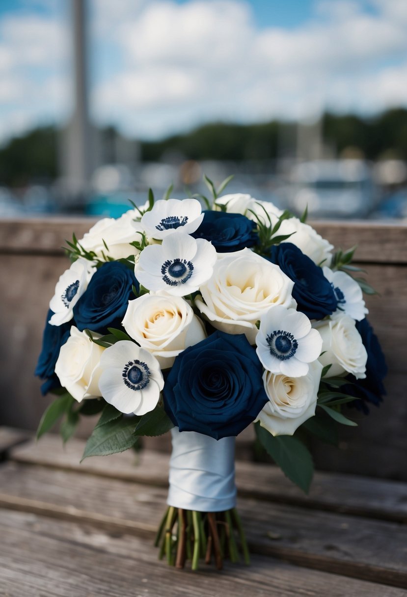 A navy blue wedding bouquet featuring white roses and navy anemones