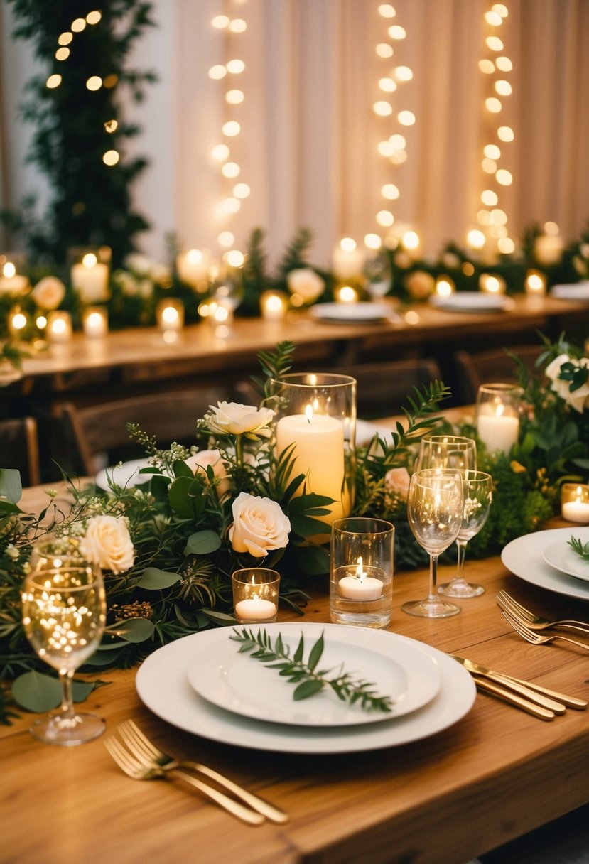 Fairy lights intertwined with greenery and flowers adorn a wedding table, creating a warm and magical ambiance