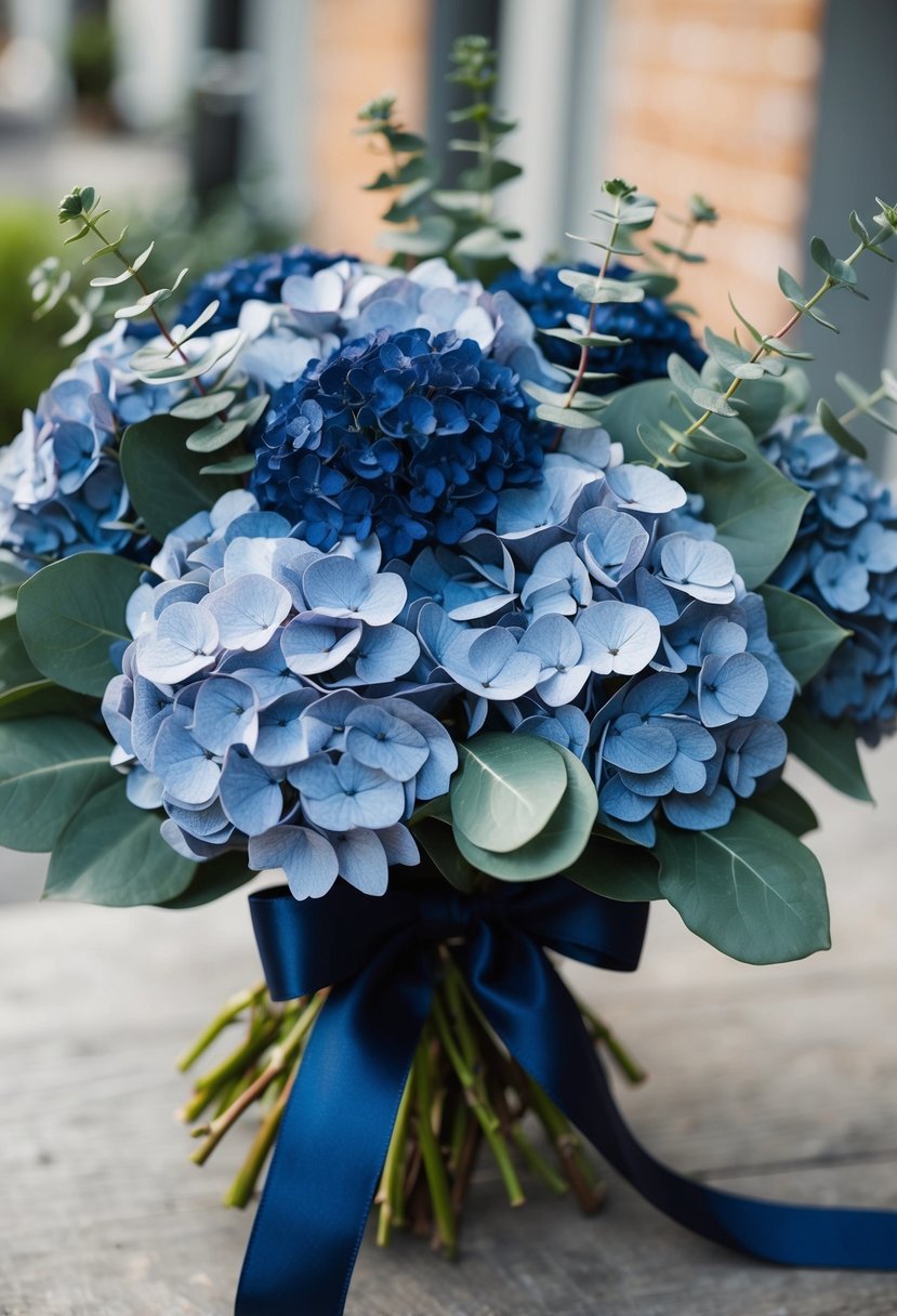 A lush bouquet of navy hydrangeas and eucalyptus, tied with a navy blue ribbon