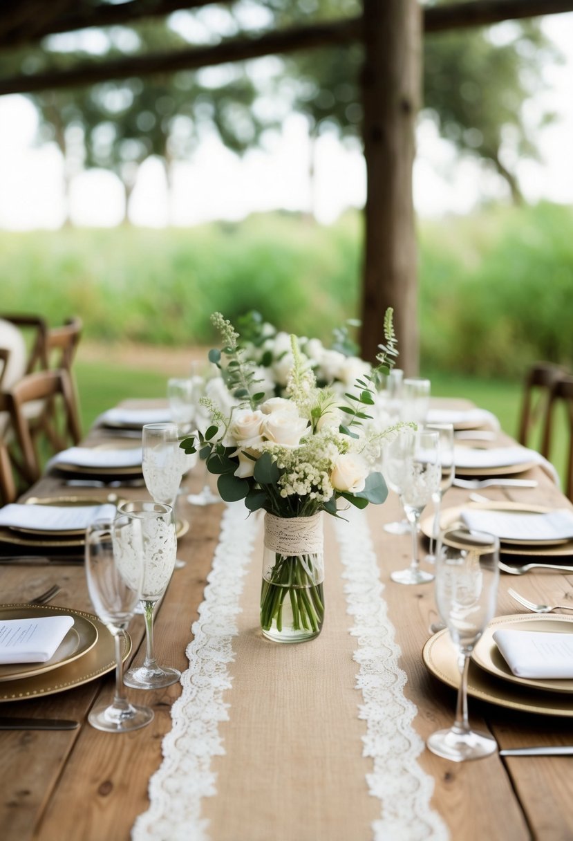 A rustic wedding table adorned with burlap and lace accents, creating a charming and elegant atmosphere