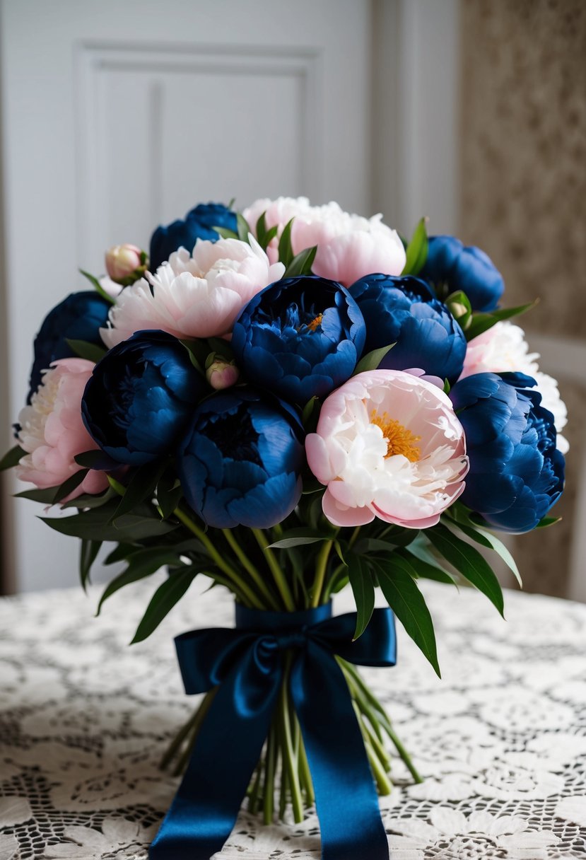 A lush bouquet of navy and blush peonies, tied with a satin ribbon, sits on a vintage lace tablecloth