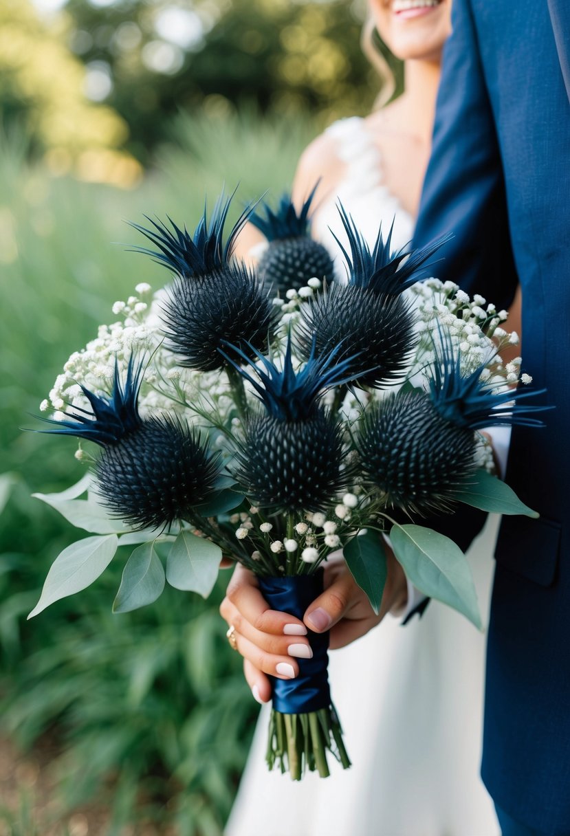 A navy thistle and baby's breath wedding bouquet in a navy blue color scheme