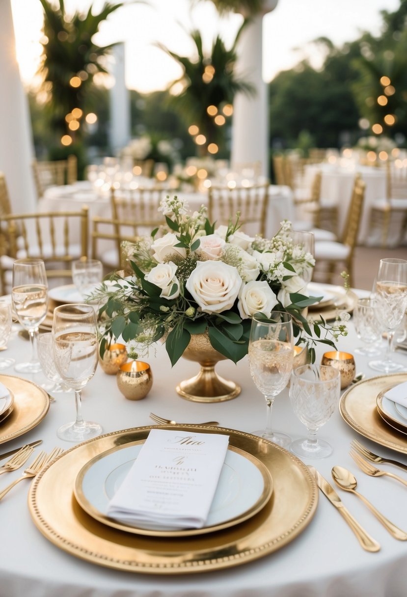 A luxurious wedding table adorned with chic gold detailing and elegant decor