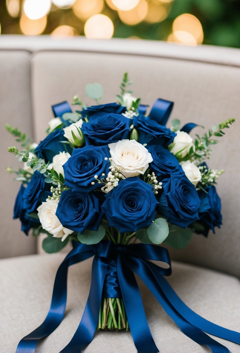 A navy blue wedding bouquet adorned with charming navy ribbons