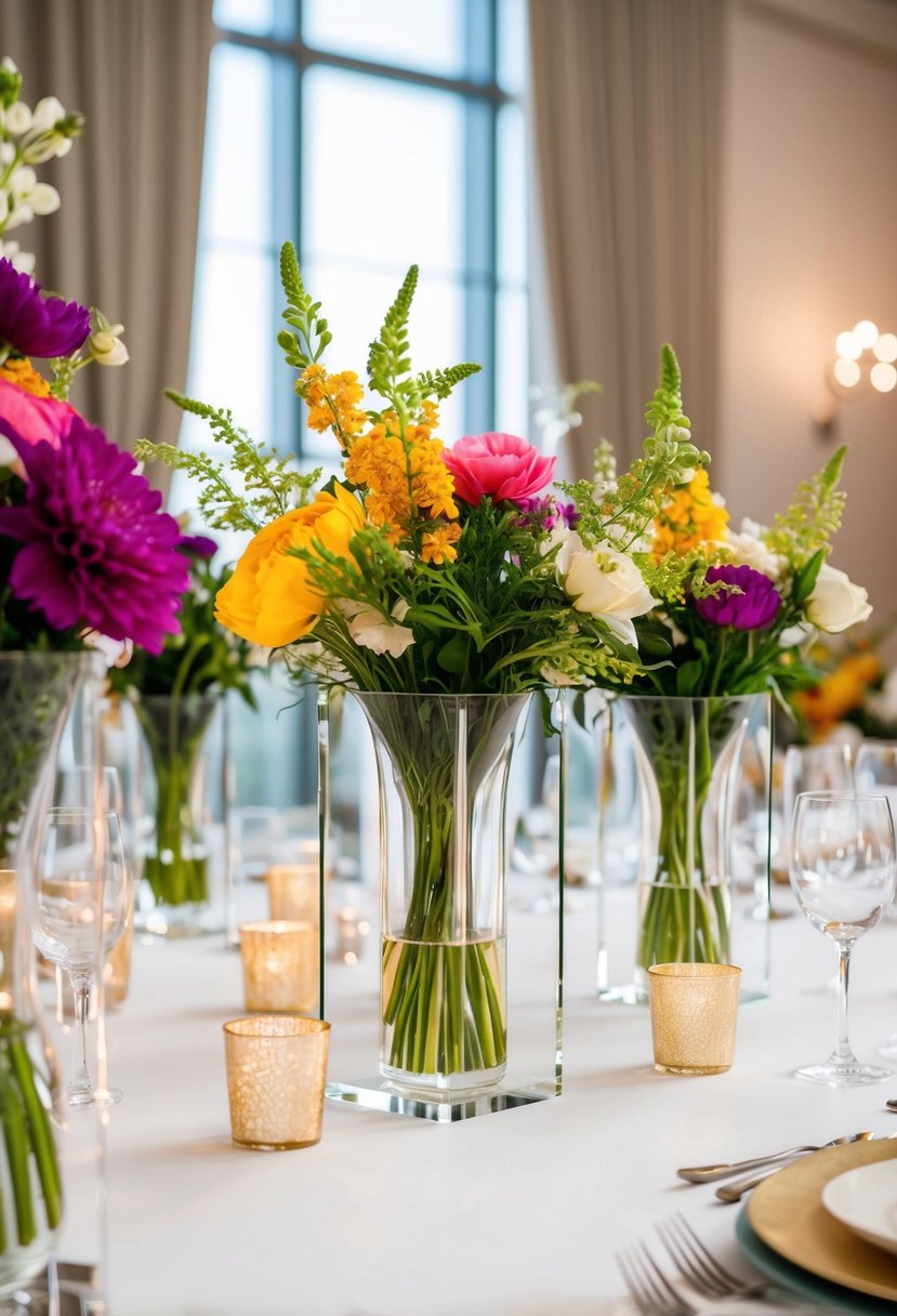 A table adorned with modern acrylic vases, filled with vibrant flowers and surrounded by elegant wedding decor