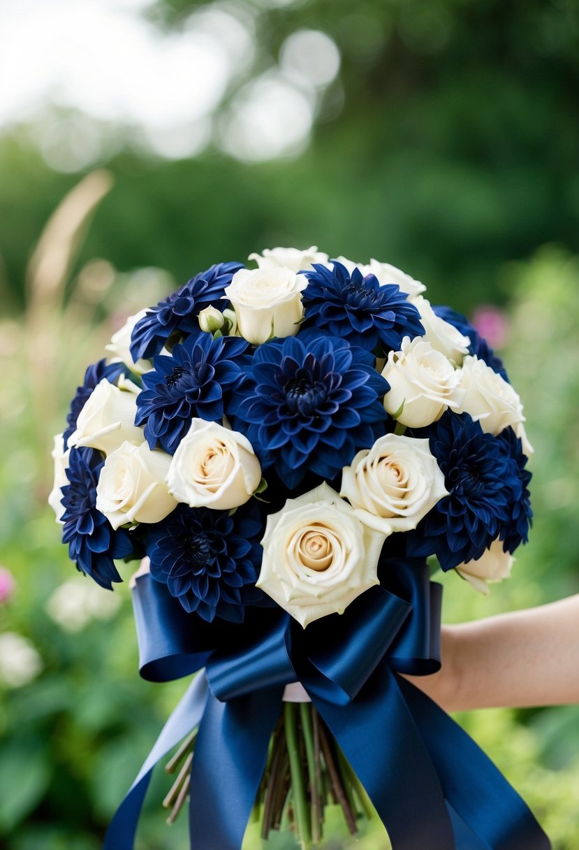 A bouquet of navy dahlias and ivory roses arranged in a navy blue ribbon