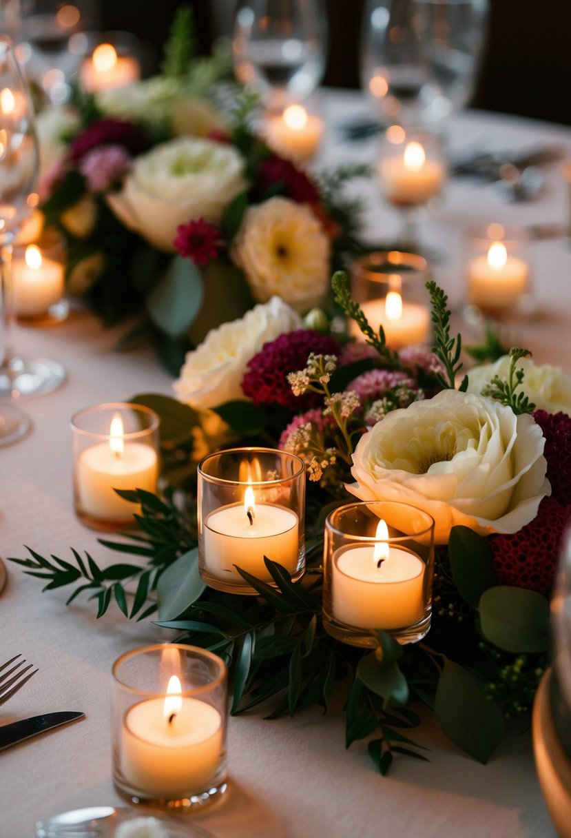 Whimsical tealight clusters nestled among floral centerpieces on a wedding reception table