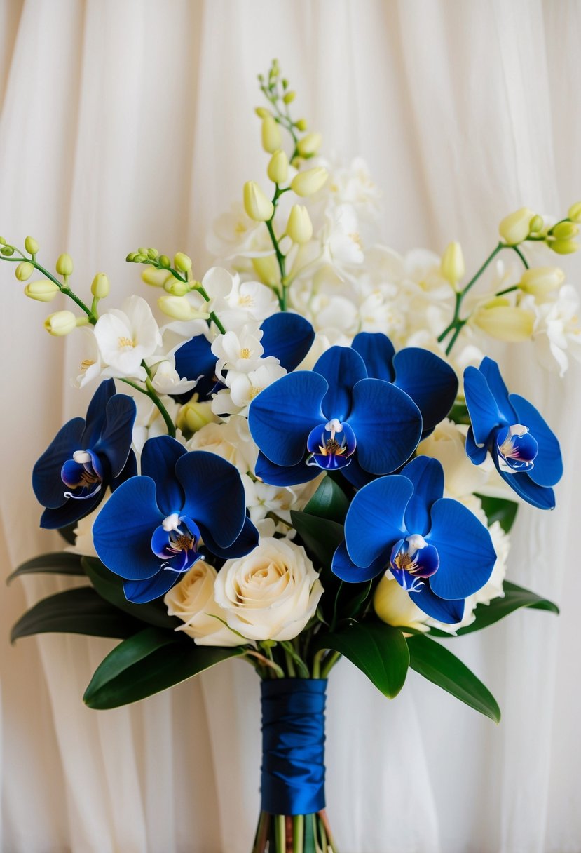 A navy blue wedding bouquet featuring elegant orchids and lisianthus, creating a striking contrast against a soft ivory backdrop