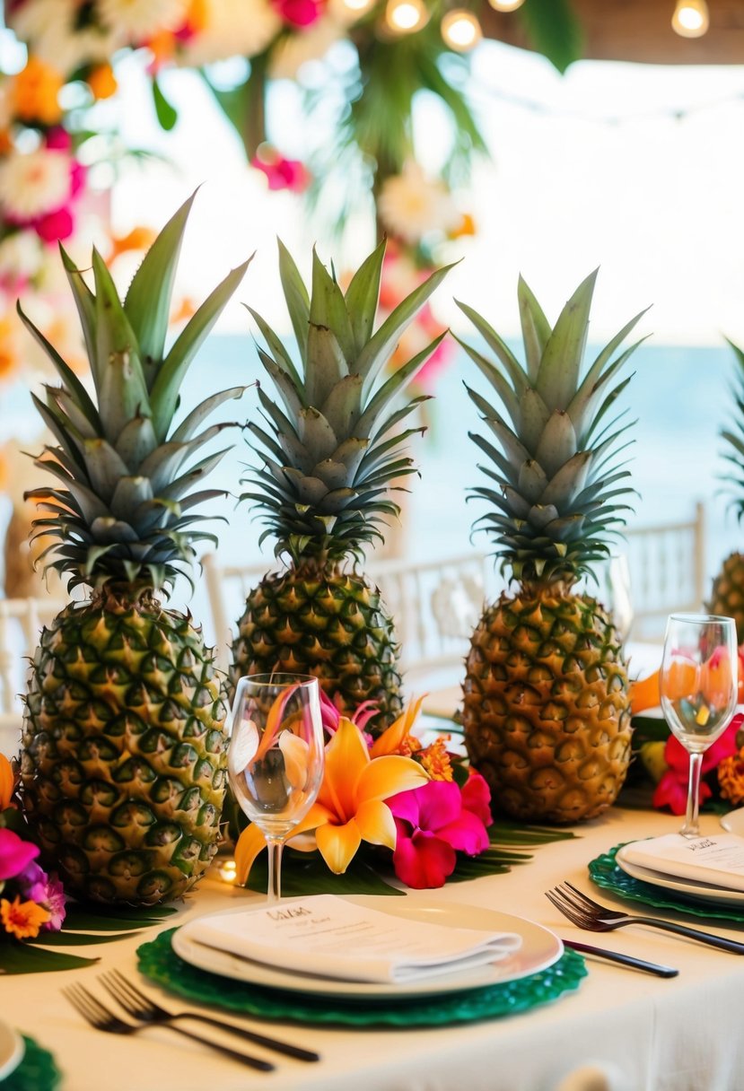 A tropical-themed wedding table adorned with pineapple decor and vibrant flowers