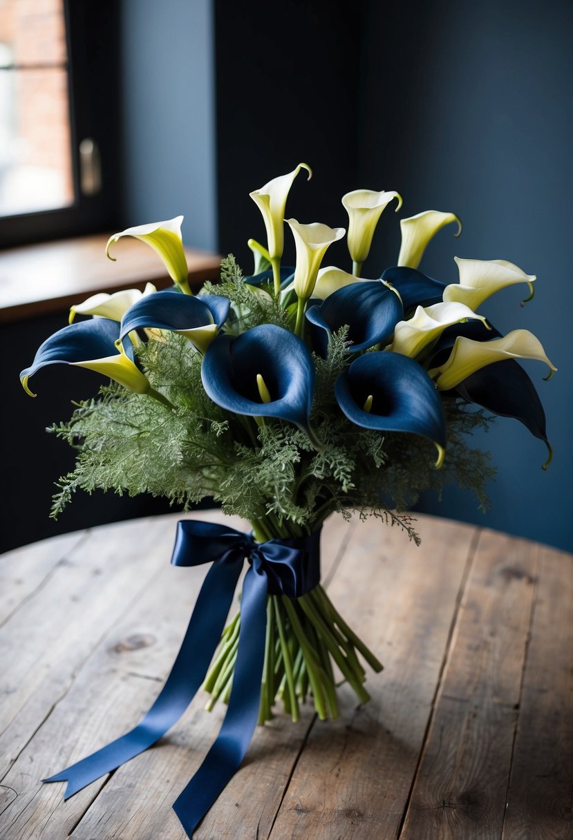 A lush bouquet of navy calla lilies and dusty miller, tied with a navy ribbon, sits on a rustic wooden table