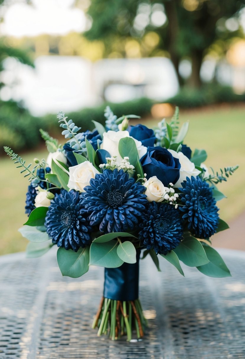 A navy blue wedding bouquet featuring textured navy stock flowers