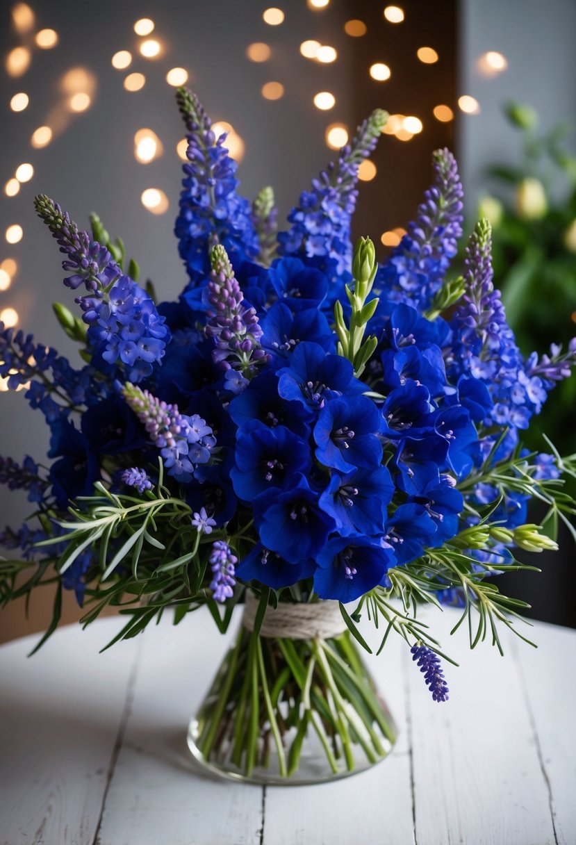 A lush bouquet of navy delphiniums and lavender sprigs