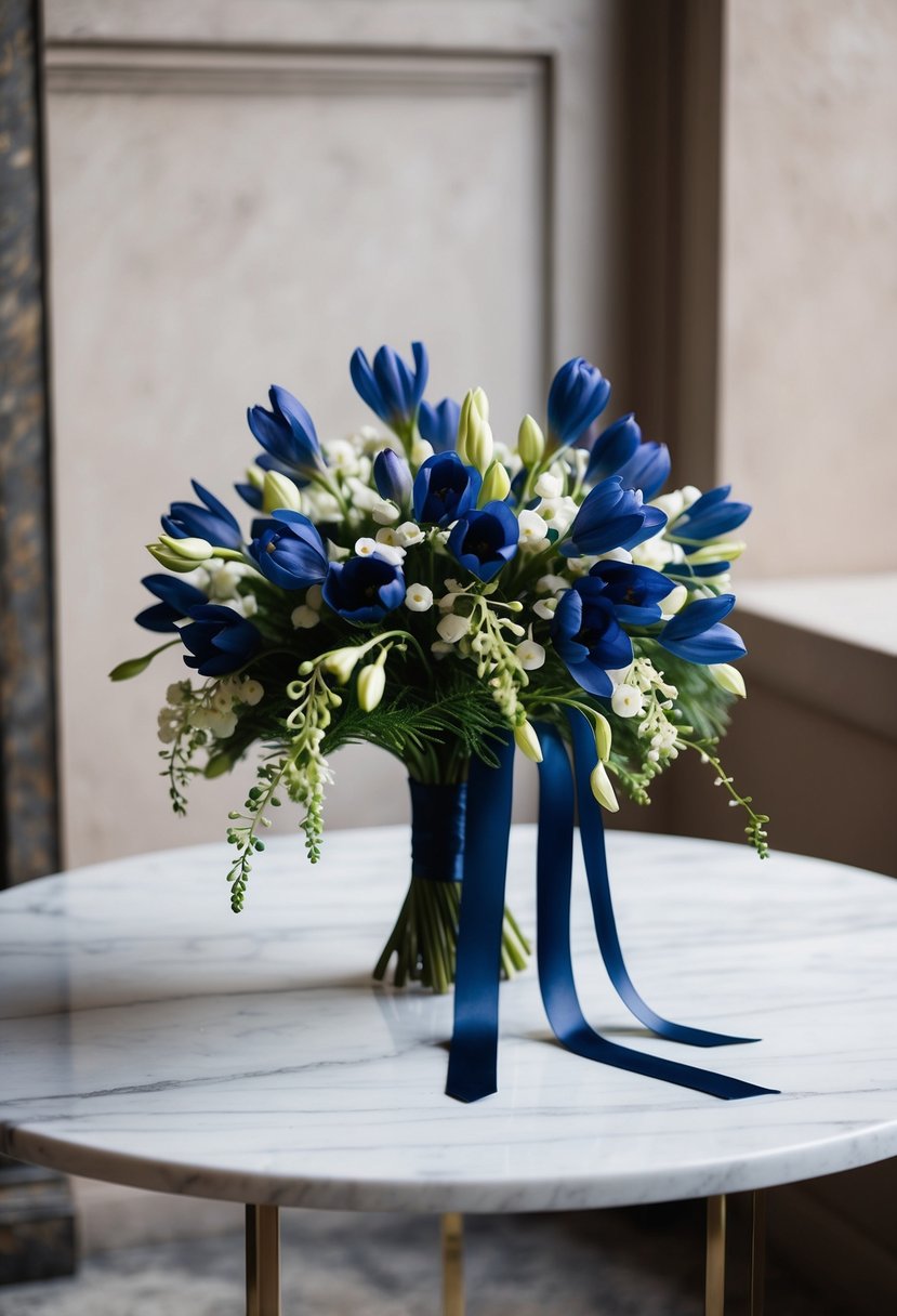 A delicate navy muscari bouquet with cascading ribbons on a marble table