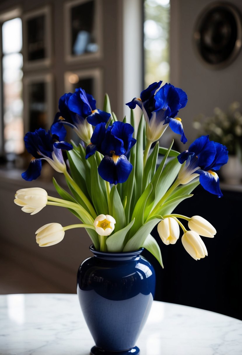 A bouquet of navy irises and cream tulips arranged in a navy blue vase