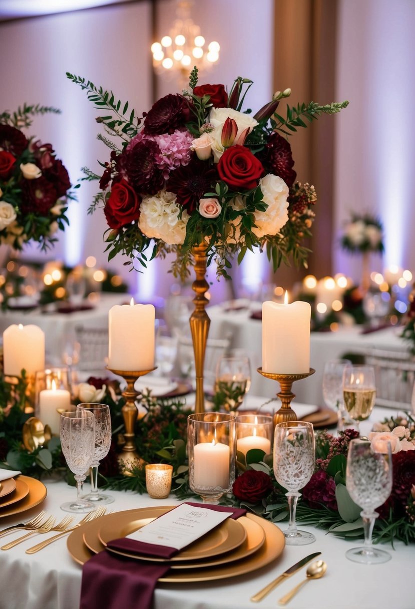 A table adorned with rich jewel-toned flowers, candles, and elegant glassware for a luxurious wedding reception