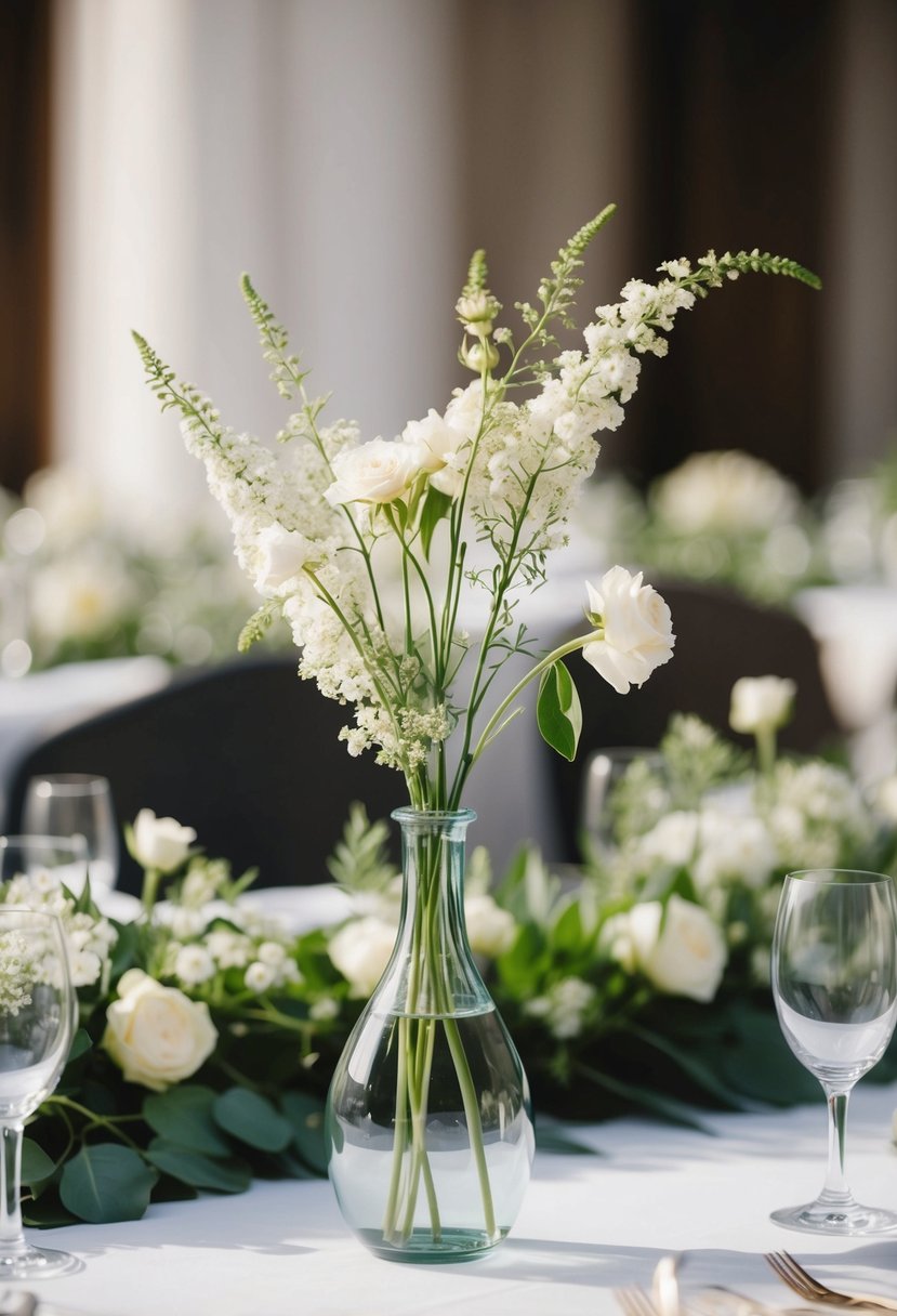 A single bud vase sits on a wedding table, surrounded by delicate flowers and greenery, creating a simple yet elegant decoration