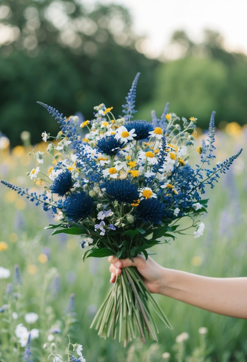 A navy blue bouquet of wildflowers being embraced by a gentle breeze