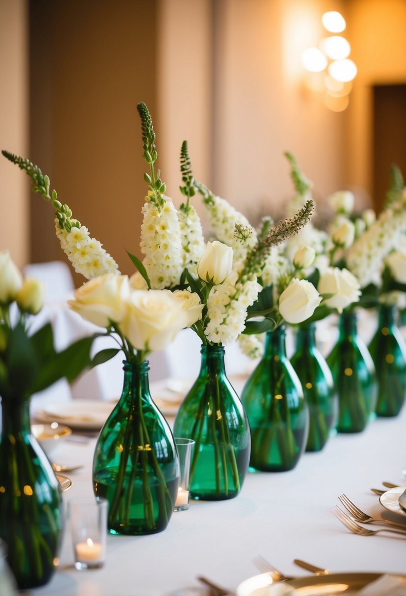 Clusters of bud vases arranged in dynamic groupings for wedding table decorations