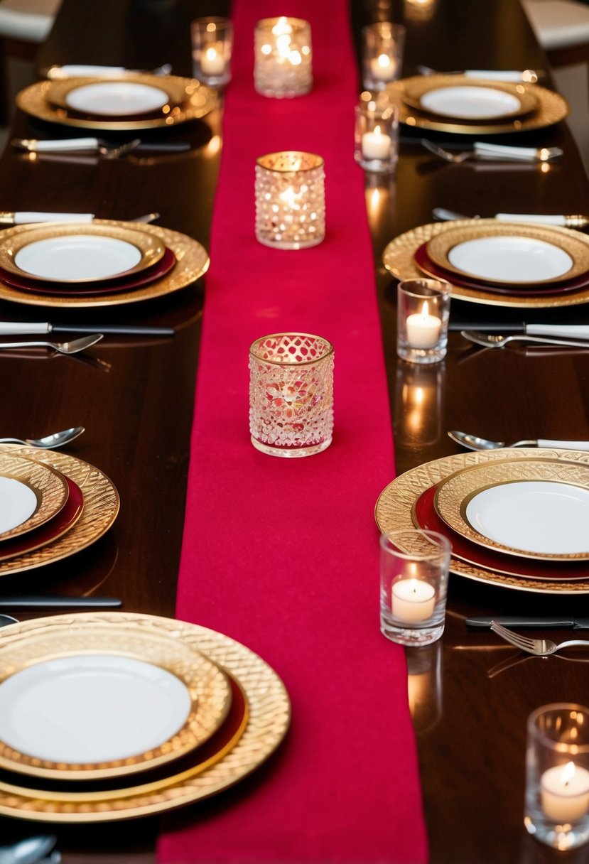 Ruby red table runners with gold accents lay across a rich mahogany table, adorned with shimmering jewel-toned centerpieces and glistening candlelight