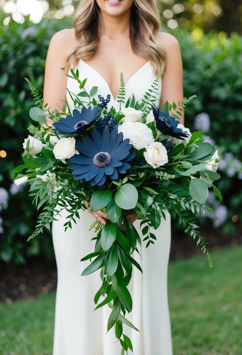 A lush navy scabiosa bouquet with cascading greenery