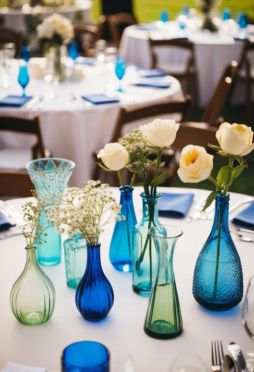 A collection of various bud vases in different shapes and sizes arranged on a wedding table, creating visual interest and adding a charming touch to the decor