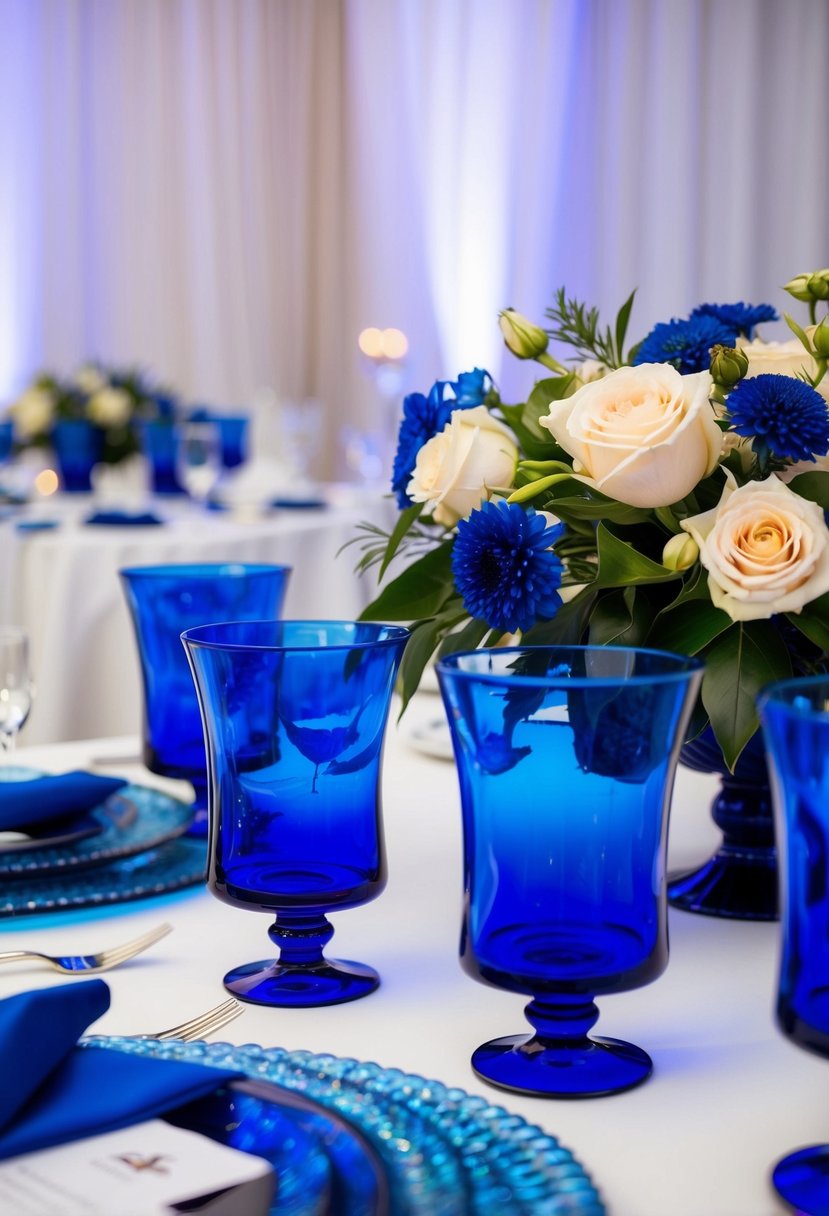 A table adorned with sapphire blue glassware, adding a pop of color to a jewel tone wedding decor