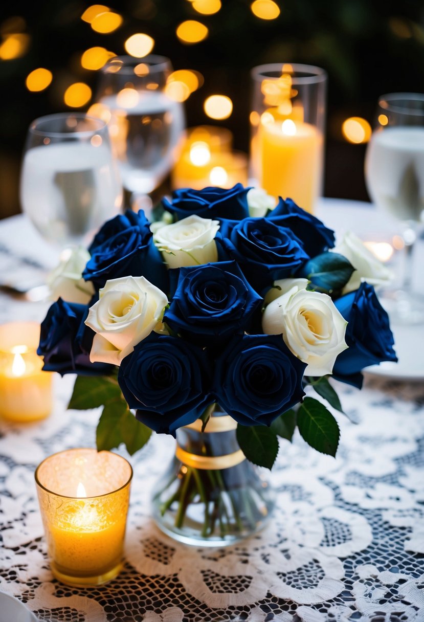 A navy-blue silk rose bouquet sits on a white lace tablecloth, surrounded by flickering candlelight