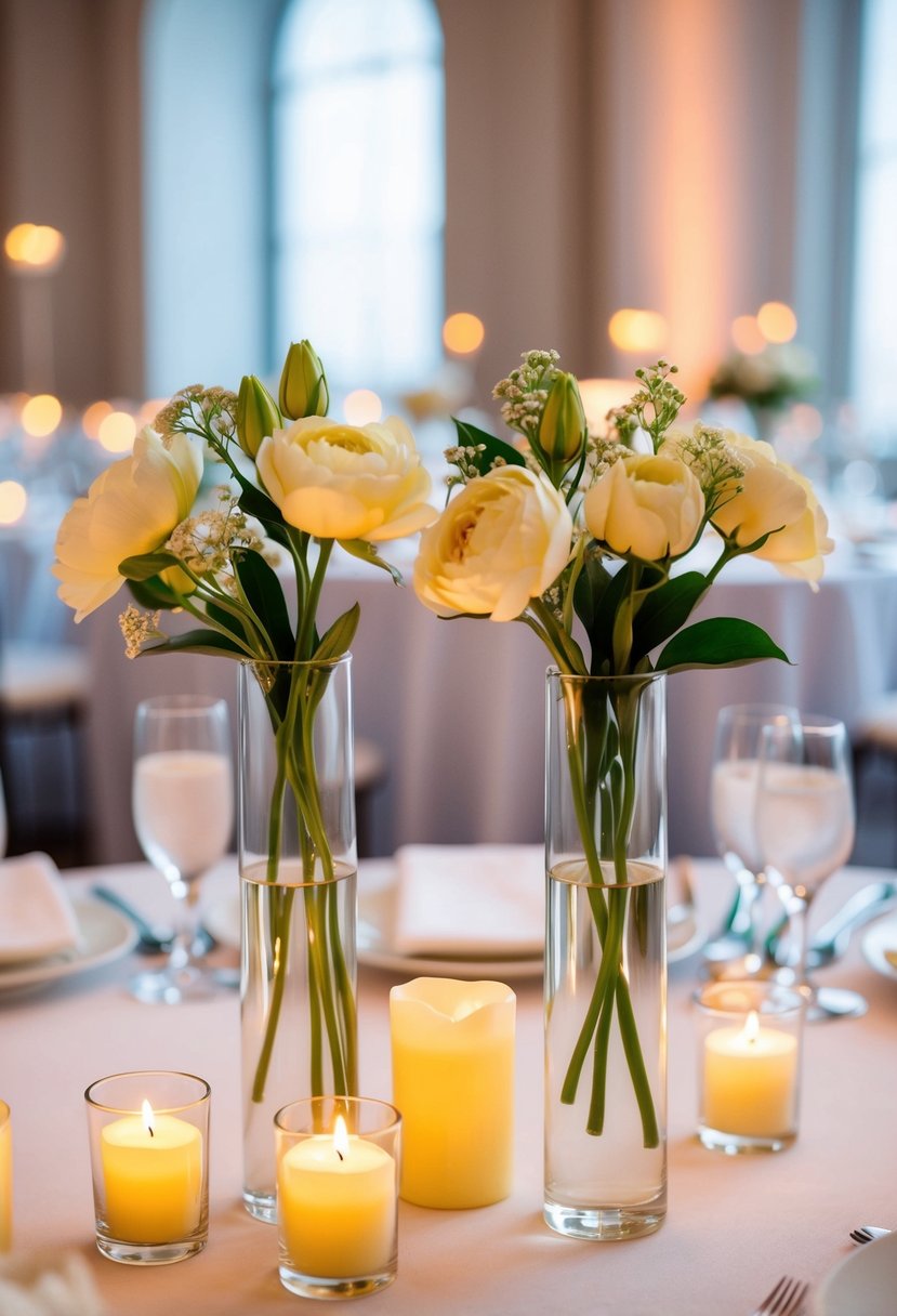 Two delicate bud vases with fresh flowers sit beside flickering candles on a beautifully set wedding reception table, creating a romantic and elegant ambiance