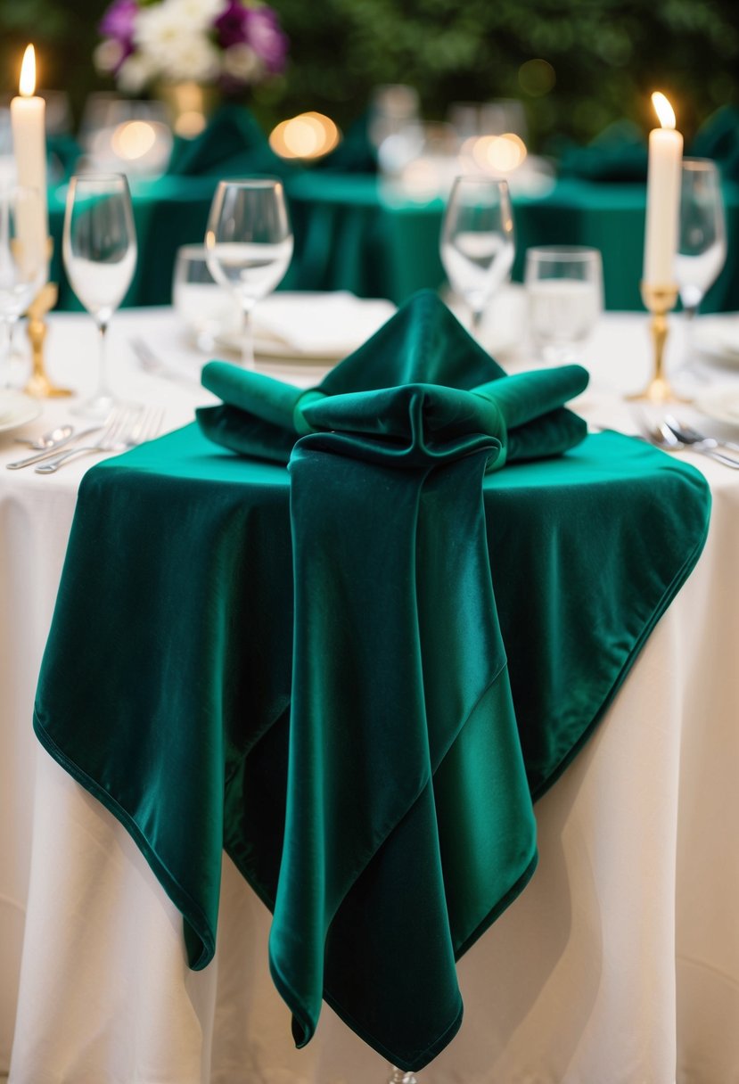 Emerald green velvet napkins draped elegantly on a wedding reception table, adding a rich jewel tone to the decor