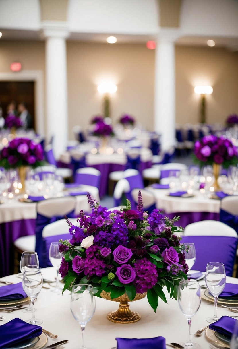 Lush amethyst purple floral centerpieces adorn jewel-toned wedding tables