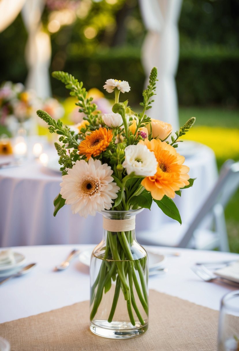 A small bud vase filled with seasonal flowers sits on a wedding table, adding a personalized touch to the decor