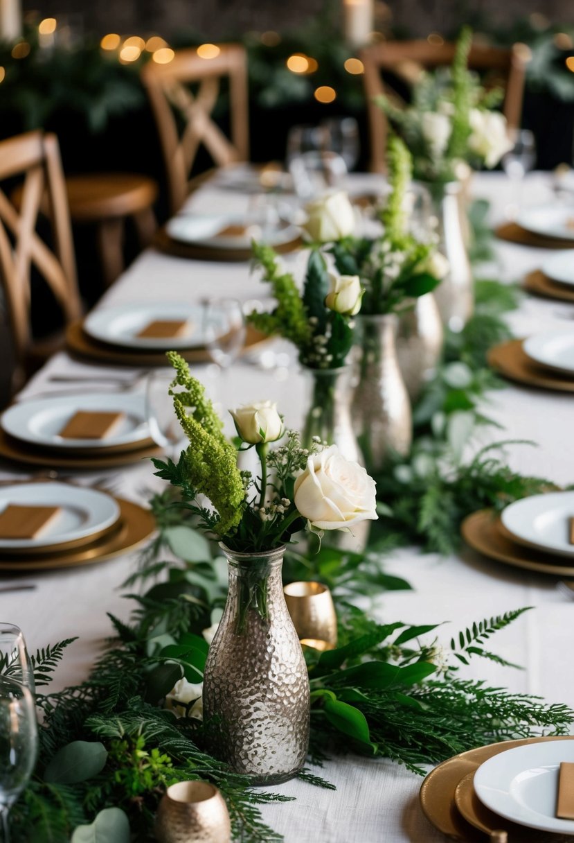 Bud vases scattered among lush table garlands for a textured wedding centerpiece