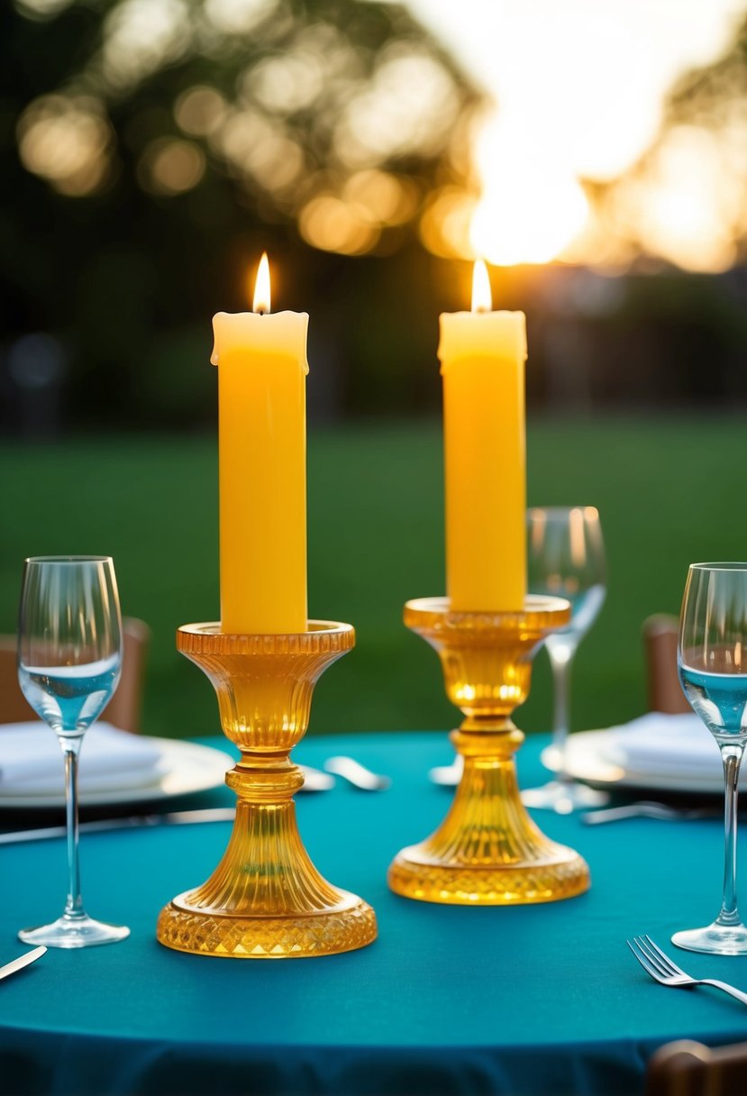 Two topaz yellow candle holders casting a warm glow on a jewel tone wedding table