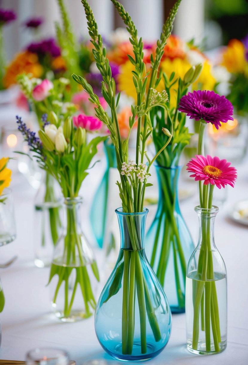 Colorful stems fill transparent vases on a wedding table, creating a vibrant and elegant centerpiece