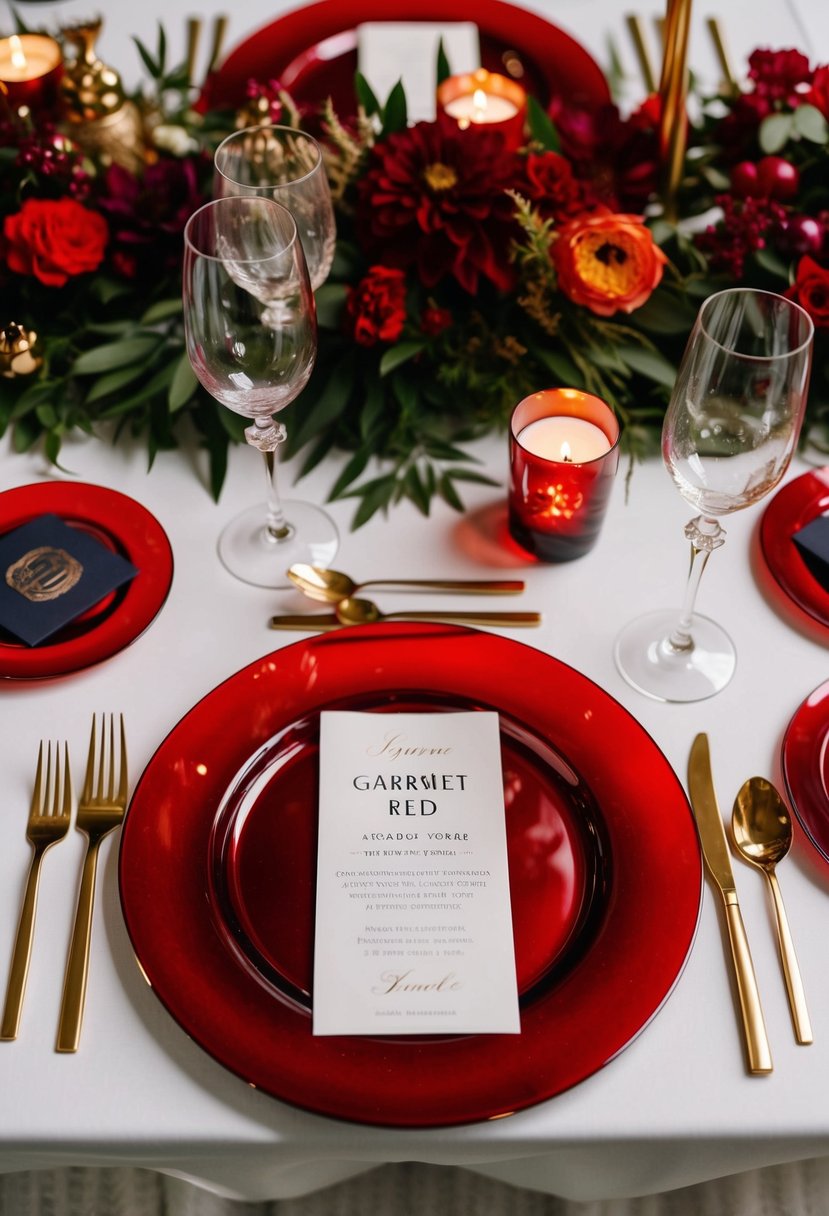 Vibrant garnet red charger plates arranged on a wedding reception table with luxurious jewel tone decorations