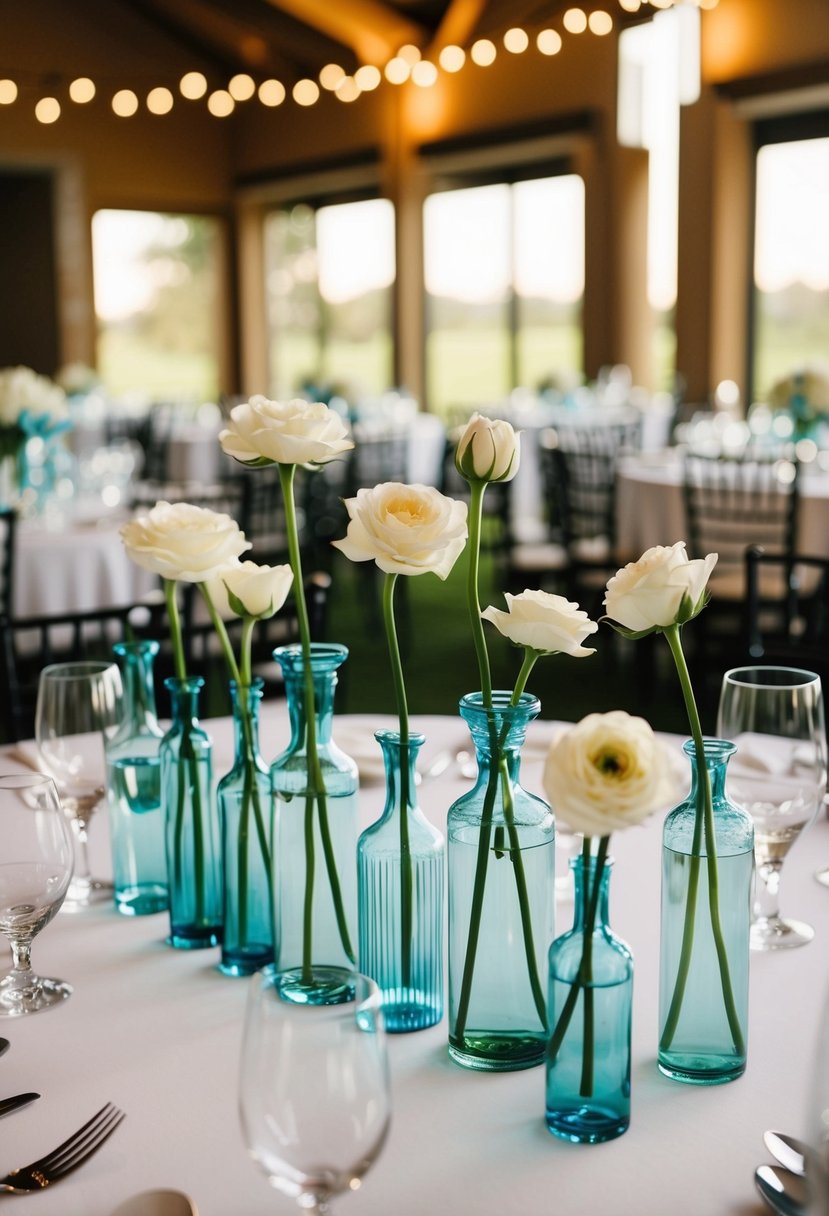 A table adorned with bud vases of varying heights, creating depth and visual interest for a wedding centerpiece